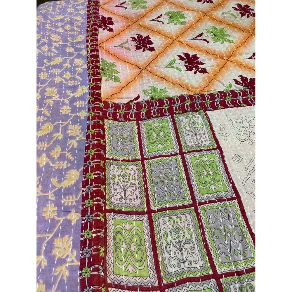 Kantha Quilt Reversible Hand Stitched Cotton Patchwork Throw Blanket Red Boho